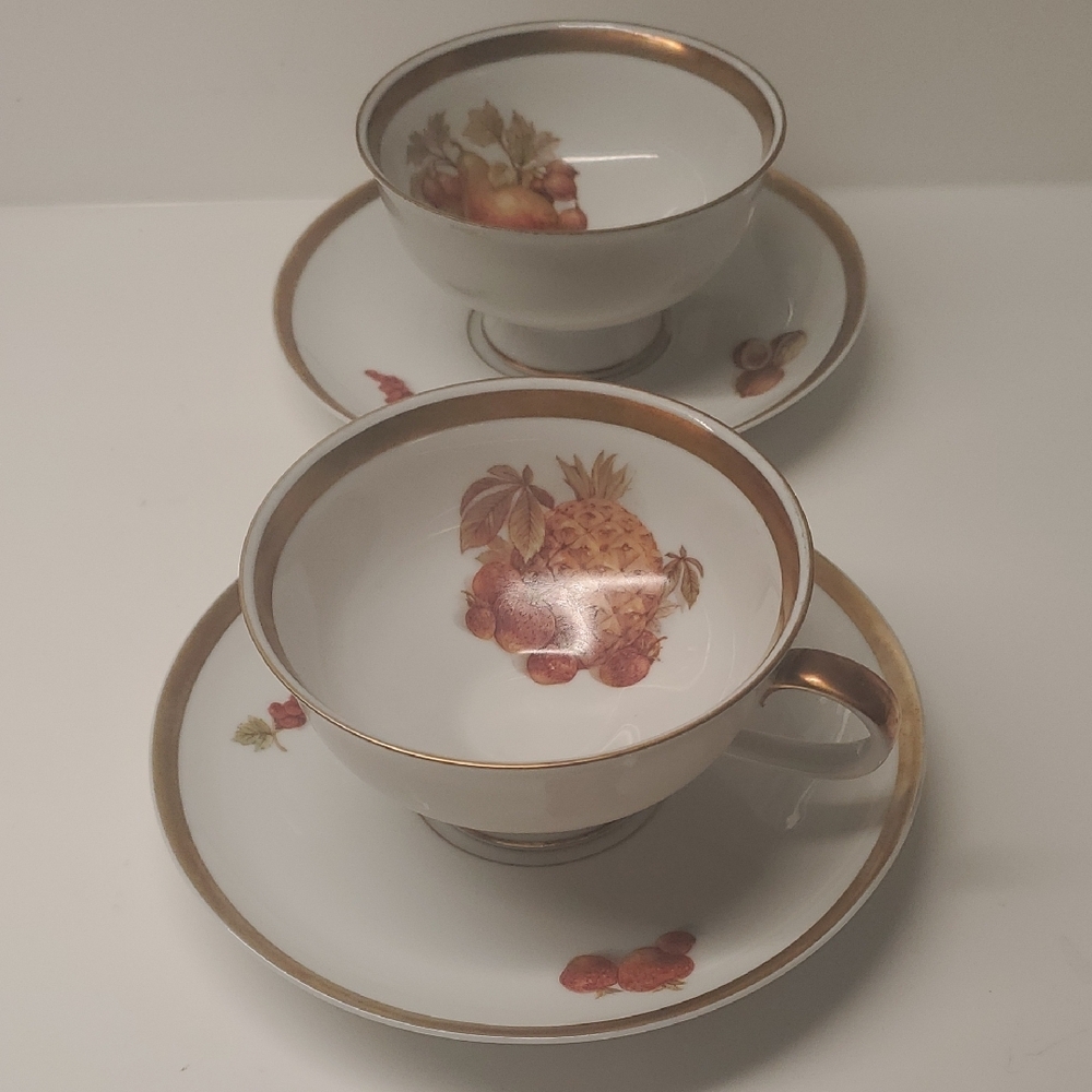 2 - Sets Vintage Golden Crown Harvest Teacup & Saucer With Gold Rim. Rare Find.